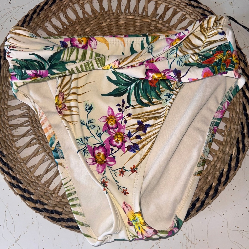Shade & Shore High Waist Tropical Floral Bikini Bottoms Cream Small NWT